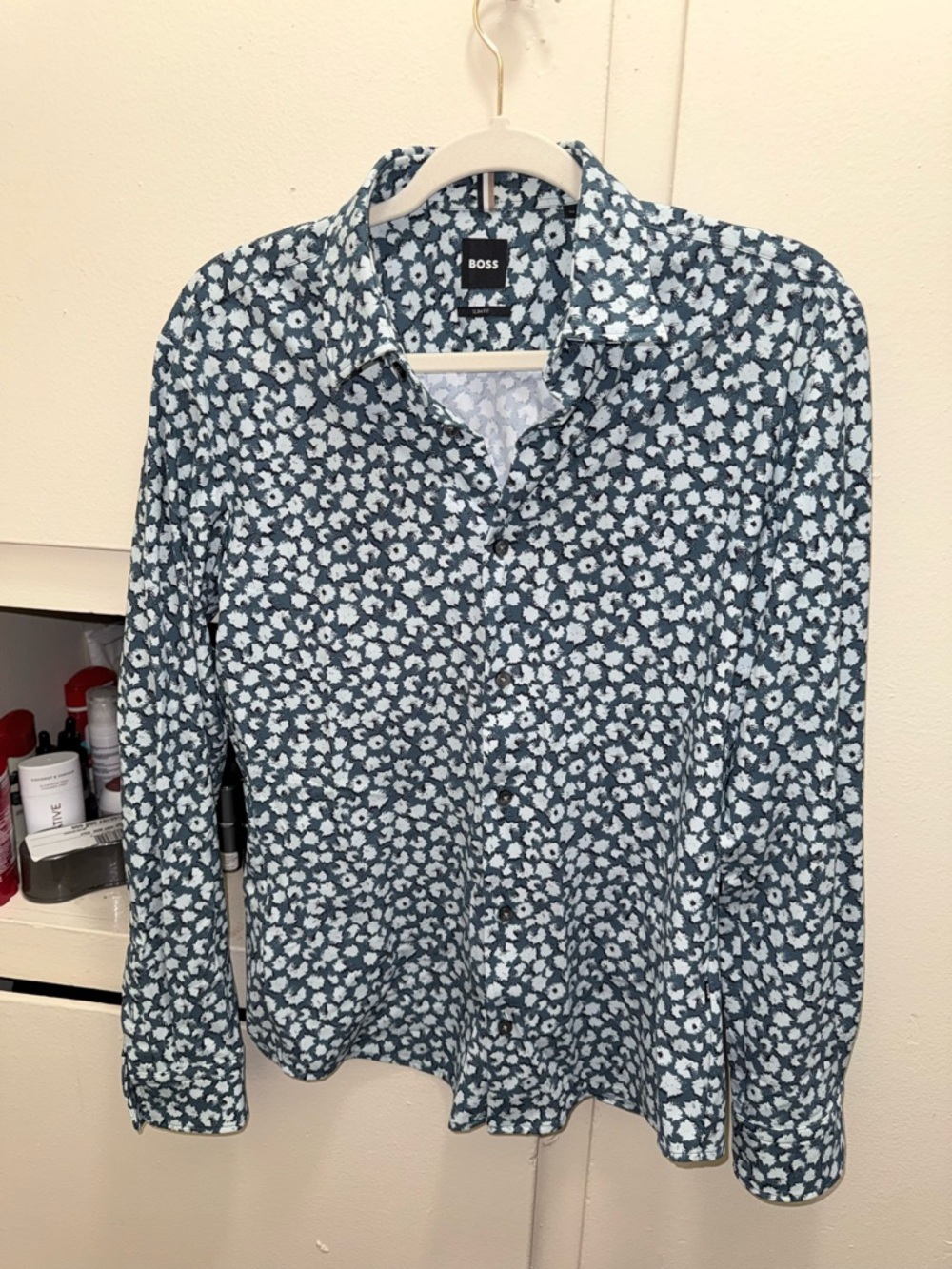 Boss Men's Casual Button-Down Shirt in Blue and White Floral Print